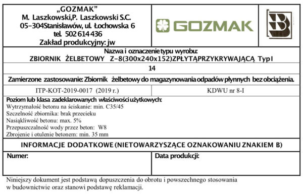 Szambo betonowe 8m3 zwykłe Szamba betonowe Gozmak